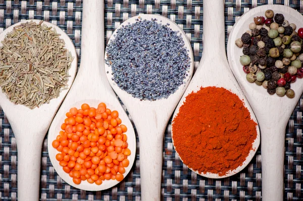 Collection of spices for healthy cooking. Mix of tarragon, bean seeds, poppy seeds, dry red hot chili and pepper — Stock Photo, Image