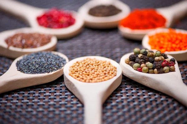 Various kind of spices on wooden spoon - detail of mustard seed — Stock Photo, Image