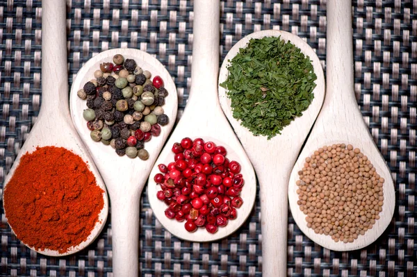 Assortment mix of colorful spices with chopped parsley, mustard — Stock Photo, Image