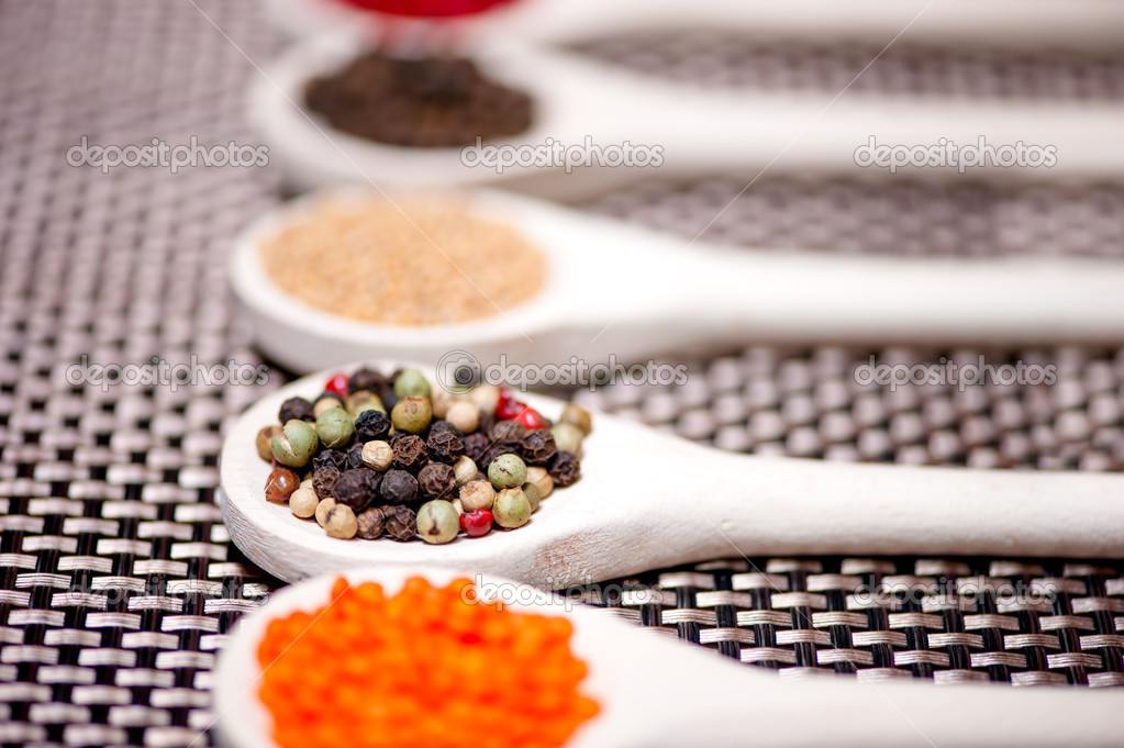 Hot spices flavors mix with black pepper, pepper corns and hot chili
