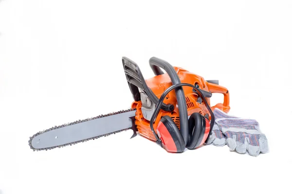 Gasoline powered modern chainsaw with protective gear and accessories isolated on white background — Stock Photo, Image