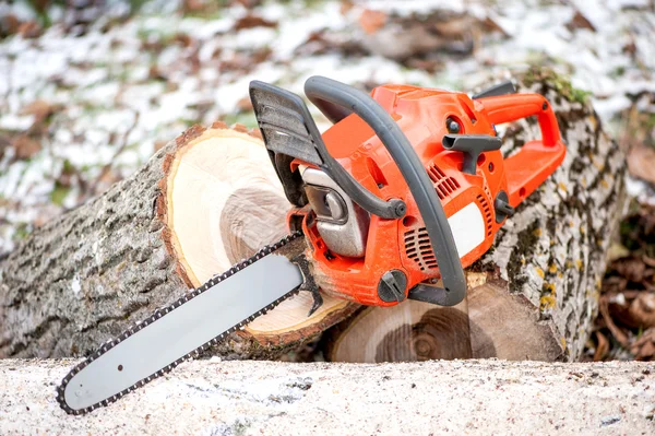 Benzine aangedreven professionele kettingzaag op stapel gesneden hout tegen winter en sneeuw achtergrond — Stockfoto