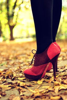 kadın ayakları ile geç sonbahar çekim üzerine pembe ve siyah moda ayakkabılar