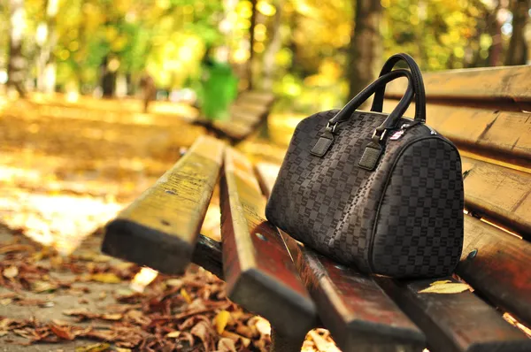 Woman purse on bench in park against autumn background — Stock Photo, Image