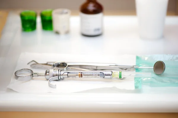 Anestethic dentist syringe and tools for teeth surgery — Stock Photo, Image