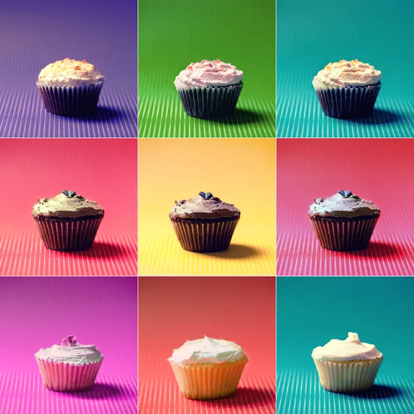 Colorful Collection or collage of holiday muffins and cupcakes. Vanilla, chocolate and fruits flavors and diferent fillings and toppings — Stock Photo, Image
