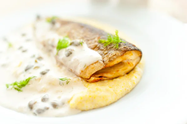 Huvudrätt - potatismos med stekt fisk och vit sås — Stockfoto