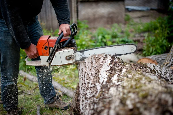 Man snijden bomen met behulp van een elektrische kettingzaag en professioneel hulpmiddel — Stockfoto