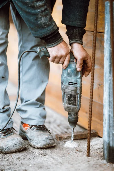 Builder Worker Rotary Hammer Drill Perforator Equipment Making Holes — ストック写真