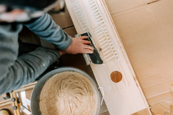 Construction Renovated Apartment Installation Wooden Floors Hardwood Parquet — Stock Fotó