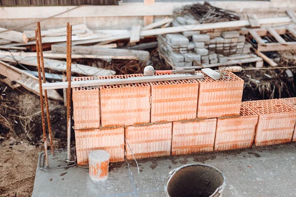 Industrial Bricklayer Installing Bricks Construction Site Details House Building Construction — 스톡 사진
