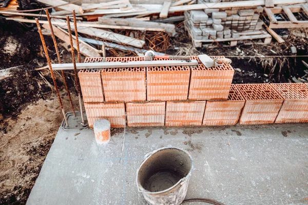 Industrial Bricklayer Installing Bricks Construction Site Details House Building —  Fotos de Stock