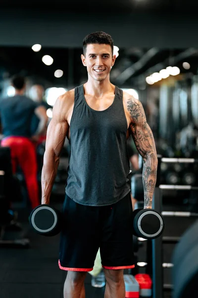 Man Exercising Gym Healthy Life Concept Fitness Trainer Working Dumbbels — Stock Photo, Image