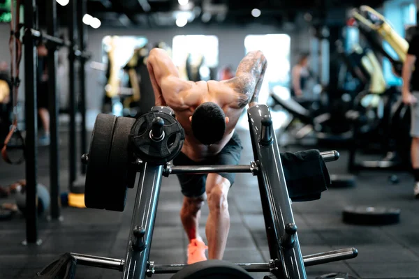 运动健美男子在体育馆做三头肌运动 — 图库照片