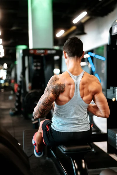 Professional Athlete Working Out Gym Doing Pulls Weights Back Training — Stock Photo, Image