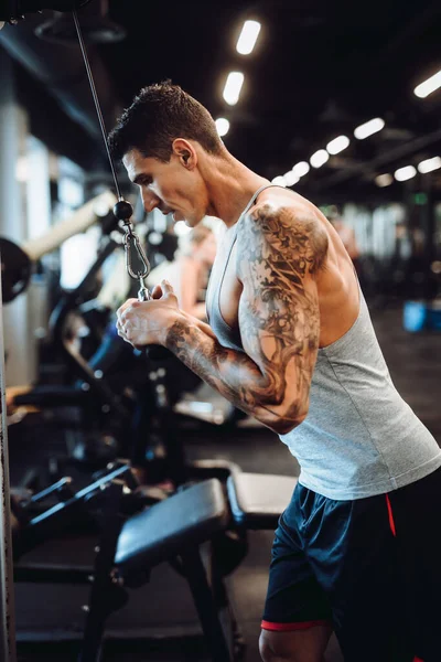 Portrait Muscular Man Working Out Gym Doing Arms Training Biceps — Stock Photo, Image