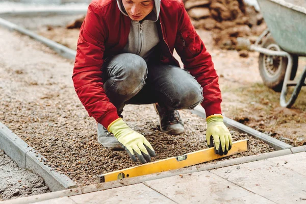 Close Construction Worker Installing Laying Pavement Stones Terrace Road Sidewalk — Stock Photo, Image