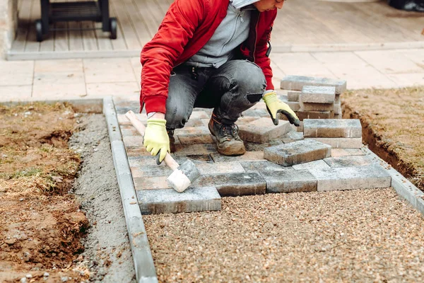 Portrait Industrial Worker Laying Grey Concrete Paving Slabs House Courtyard — Stock Photo, Image