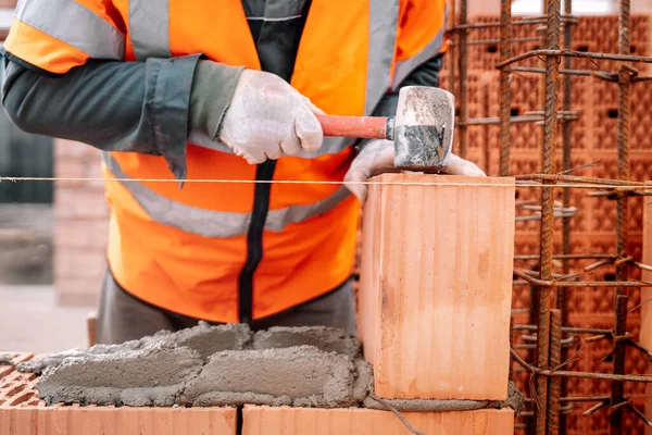 Construction Industry Details Industrial Bricklayer Installing Bricks Construction Sit — Stock Photo, Image