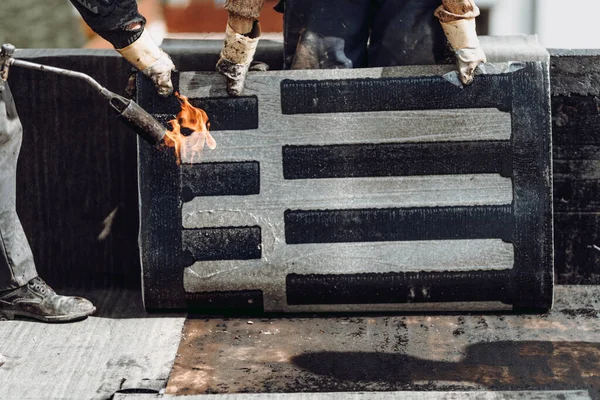 Construction Workers Roofers Installing Rolls Bituminous Waterproofing Membrane Waterproofing New — Stock Photo, Image