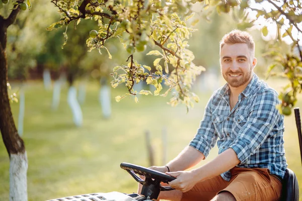 Lächelnder Gärtner Fährt Traktor Und Mäht Gras — Stockfoto