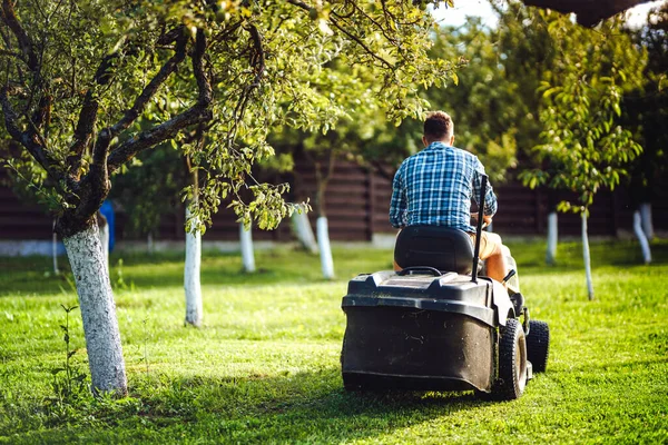 Male Gardener Using Tractor Lawn Mower Cleaning Landscaping Works — ストック写真