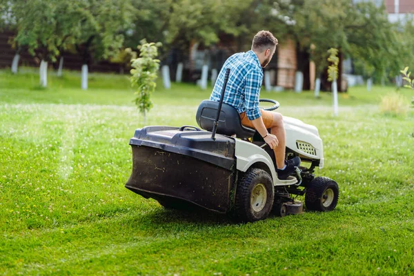 Portrait Professional Lawn Mower Worker Cutting Grass Garden Stockbild