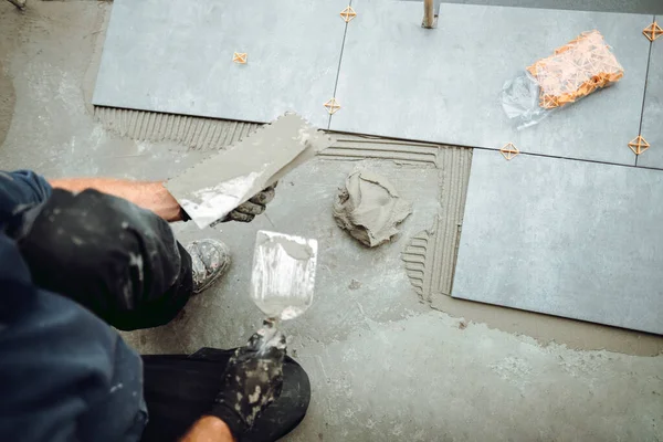 Close Worker Hand Plastering Adding Adhesive Comb Trowel — Stockfoto