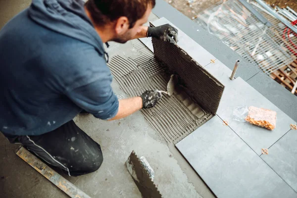 Workers Hands Installing Ceramic Tiles Balcony Floor Handyman Using Tile — Stock Fotó
