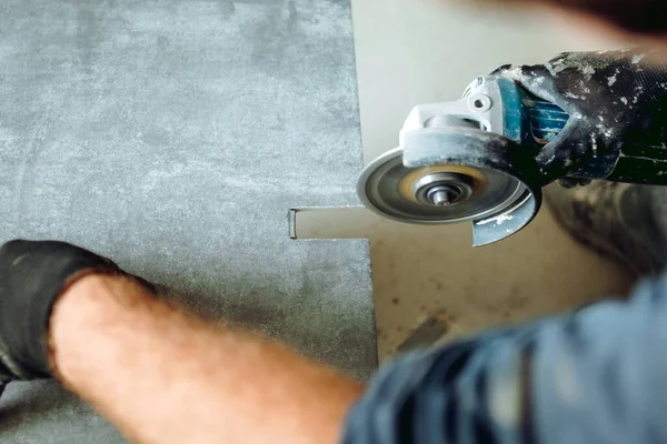 Professional Caucasian Construction Worker Cutting Ceramic Tiles Angle Grinder Tiling — Photo