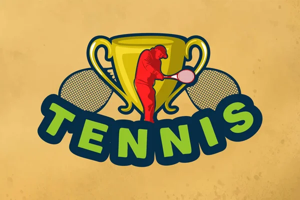 Tennis Label Mit Trophäe Und Tennisspieler Logo Design Inspiration — Stockvektor