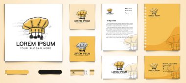 Şef şapkası ve mutfak aleti tasarım logosu ve kartvizit markalaştırma şablonu beyaz arka planda izole edilmiş