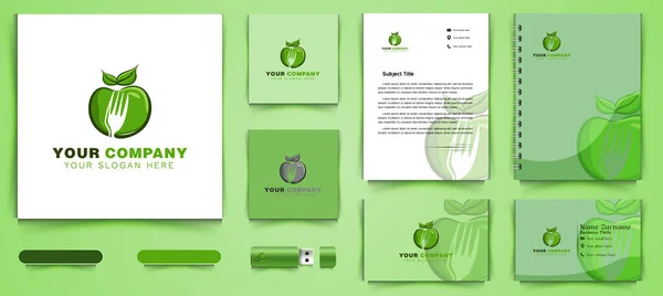 Groene Appel Negatieve Ruimte Van Vork Logo Business Branding Template — Stockvector