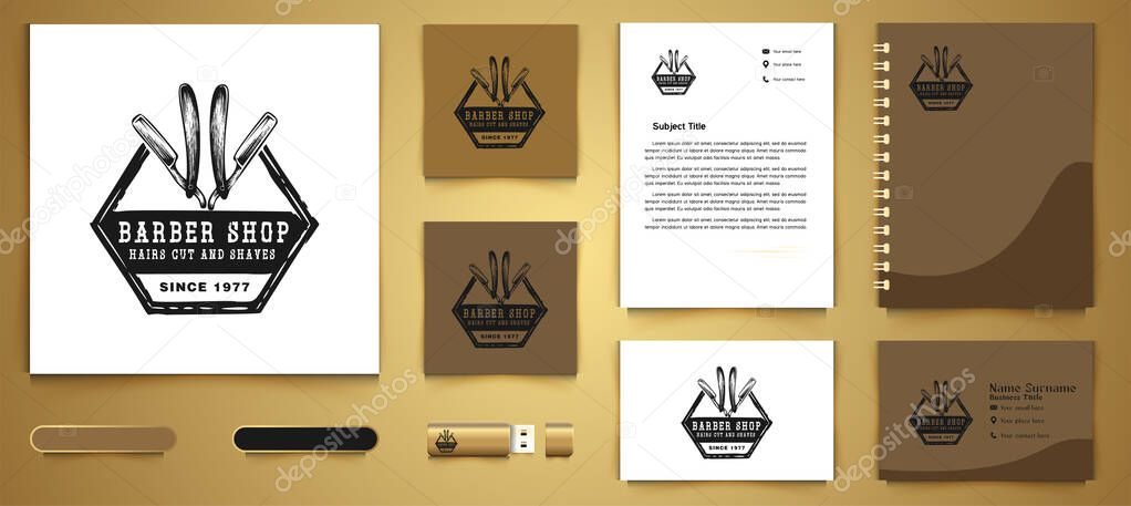 Hand drawn razor blade, barber logo and business branding template Designs Inspiration Isolated on White Background