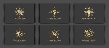 Çiçekler ve yapraklarla modayı takip eden logo dizayn şablonları - siyah arkaplanda altın folyo ile işaretler