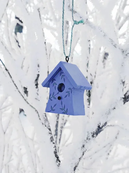 Cute decorative birdhouse hanging on snow-covered branches — Stock Photo, Image