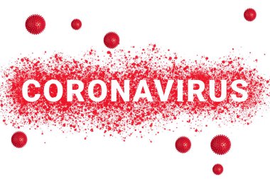 Beyaz zemin üzerinde sembolik virüs türleri olan kırmızı çizgi üzerine Coronavirus metni