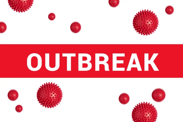 Red Headline Inscription Outbreak White Abstract Covid Virus Strain Model — Fotografia de Stock