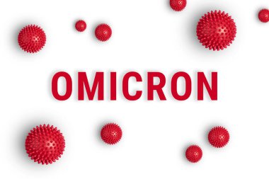 Inscription Omicron on white background with abstract red virus strain model. Omicron Ba is subvariant coronavirus COVID-19 mutations. New pandemic variant 2022