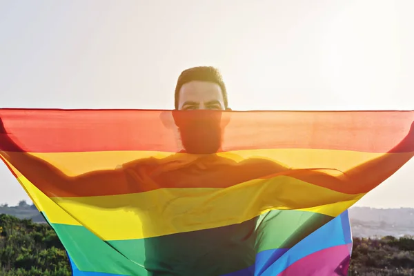 Man Holding Raised Hands Waving Lgbt Gay Rainbow Flag Clear — ストック写真