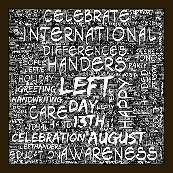 International Left-handers Day in word cloud collage illustration. Left Handers Day is observed annually on August 13 to celebrate uniqueness and differences of left-handed individuals