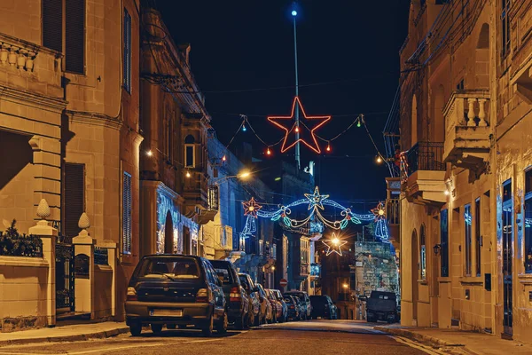 Authentic Night Street Old City Malta Christmas Lights Decorations Illuminations — Foto de Stock