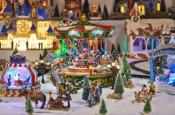 Cheerful Miniature Carousel Toy People Winter Park Christmas Market Miniature — Stock Photo, Image