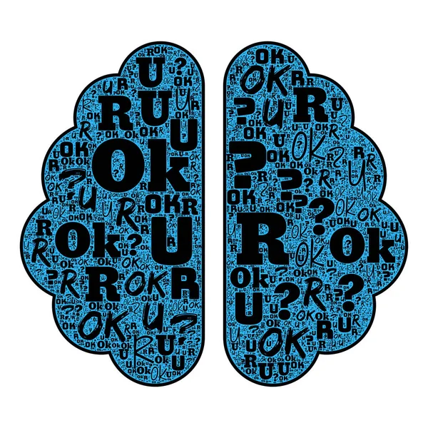 Brain shape illustration with R U OK Day wordcloud with colorful letters. R U OK Day is an Australian national day of action dedicated to inspiring all people to ask each other - Are you OK regularly