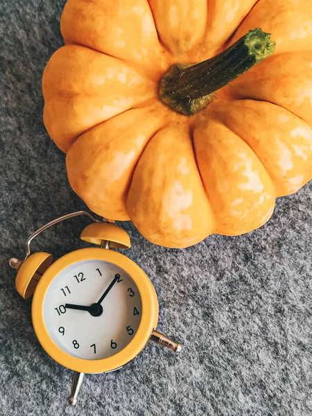 成熟的橙色南瓜和黄色闹钟在灰色 顶部视图 日间节省时间概念 — 图库照片