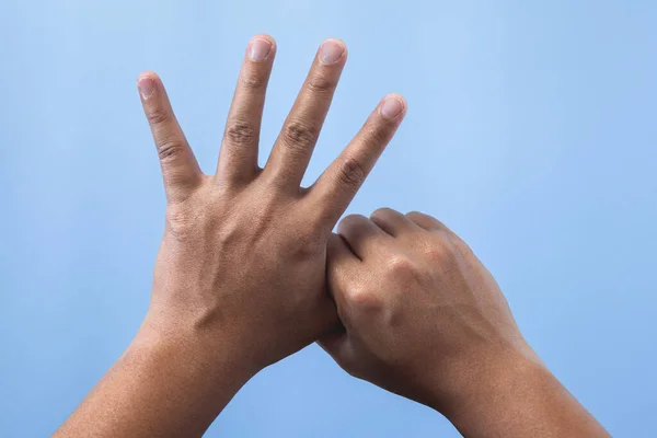 Office Syndrome Concept Thumb Finger Massaged Stretched Working Close Shot — Stock Photo, Image