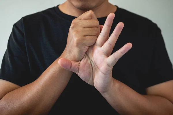 Office Syndrome Concept Index Finger Massaged Stretched Working Close Shot — Stock Photo, Image