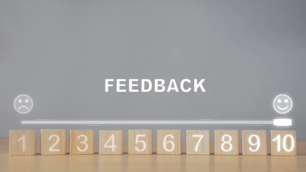 Conceito Avaliação Satisfação Nível Feedback Fechar Tiro Blocos Madeira Com — Fotografia de Stock