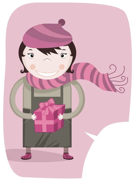 Happy little girl and gift box — Stock Vector