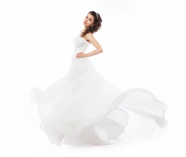 Beauty bride in wedding fashion white dress running — Stock Photo, Image